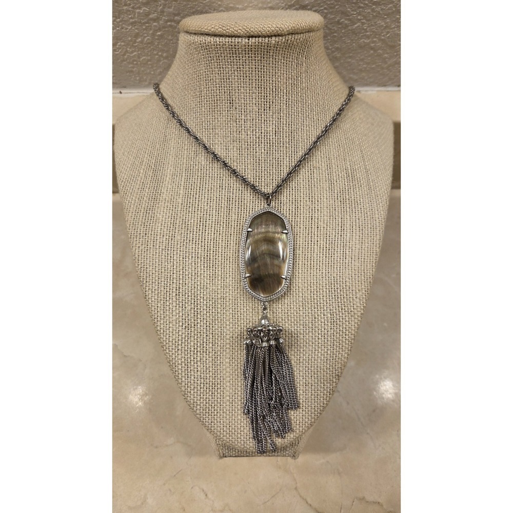 Kendra Scott "Rayne" Black Mother of Pearl Tassel Necklace Extra Long 30-32"